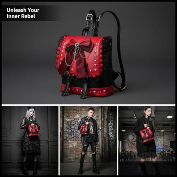 Gothic Mini Backpack Studded Lace Bow Cross Charm Adjustable Straps Faux Leather main image 4